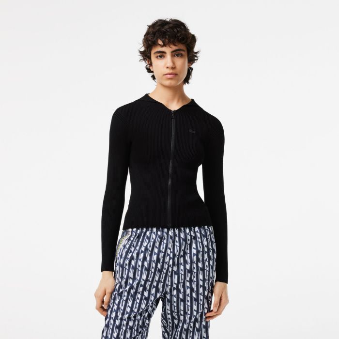 Εικόνα της Γυναικείο Rib Πλεκτό Hoodie με Φερμουάρ και Κουκούλα