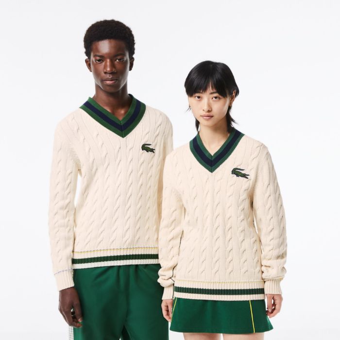 Εικόνα της Unisex V-Neck Cable Knit Πουλόβερ από Οργανικό Βαμβάκι