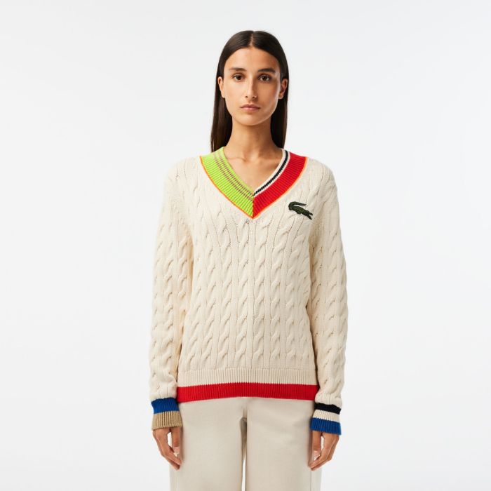 Εικόνα της Γυναικείο Cable Knit Colour Twist V-neck Πουλόβερ